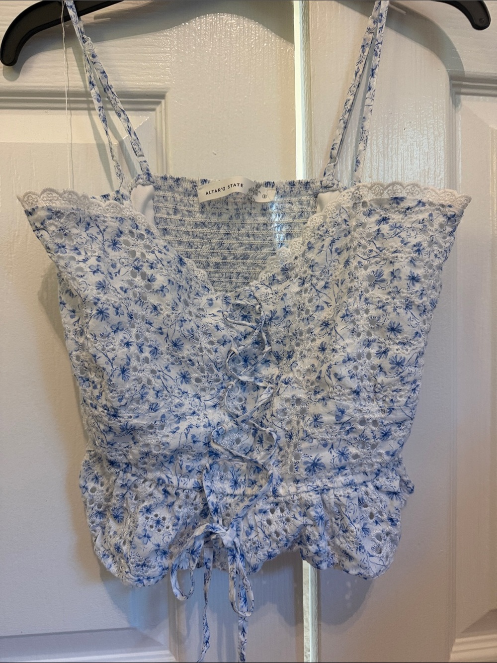 Altar'd State White and Blue Floral Lace-Up Smocked Cami